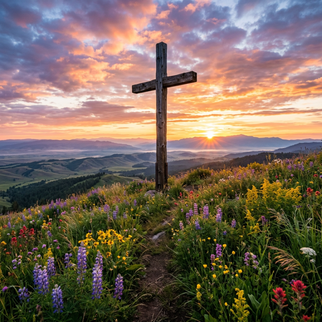 Wooden cross on a hilltop surrounded by wildflowers with a sunset and mountains in the background
