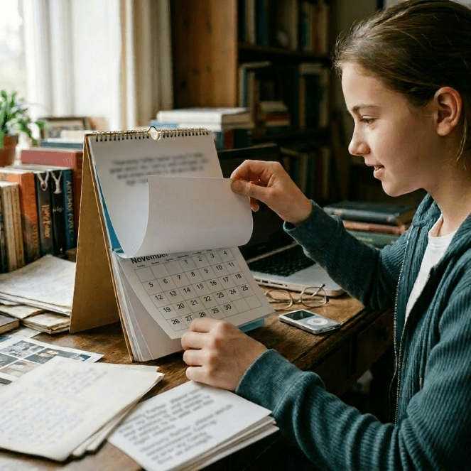 Elderly woman turning pages of a 1970s calendar with handwritten text and drawings