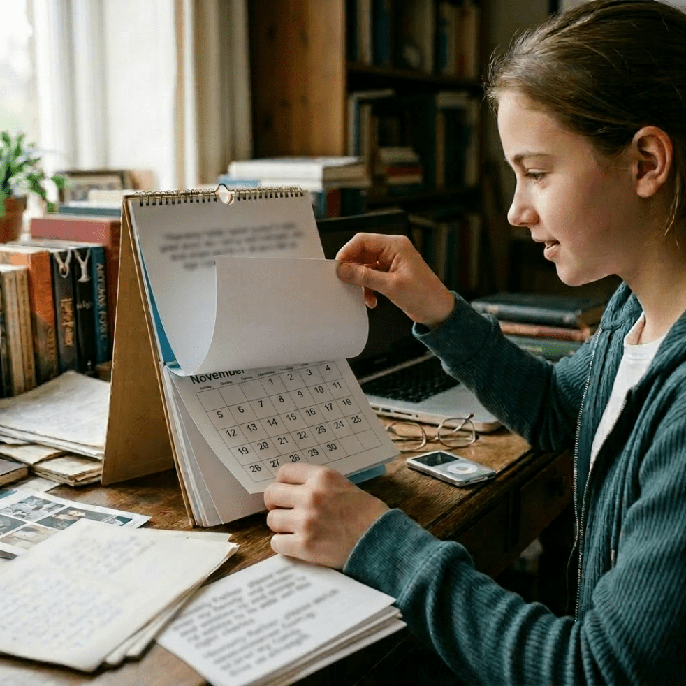 Elderly woman turning pages of a 1970s calendar with handwritten text and drawings